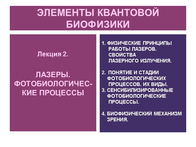 ЭЛЕМЕНТЫ КВАНТОВОЙ БИОФИЗИКИ    Лекция 2.      ЛАЗЕРЫ.